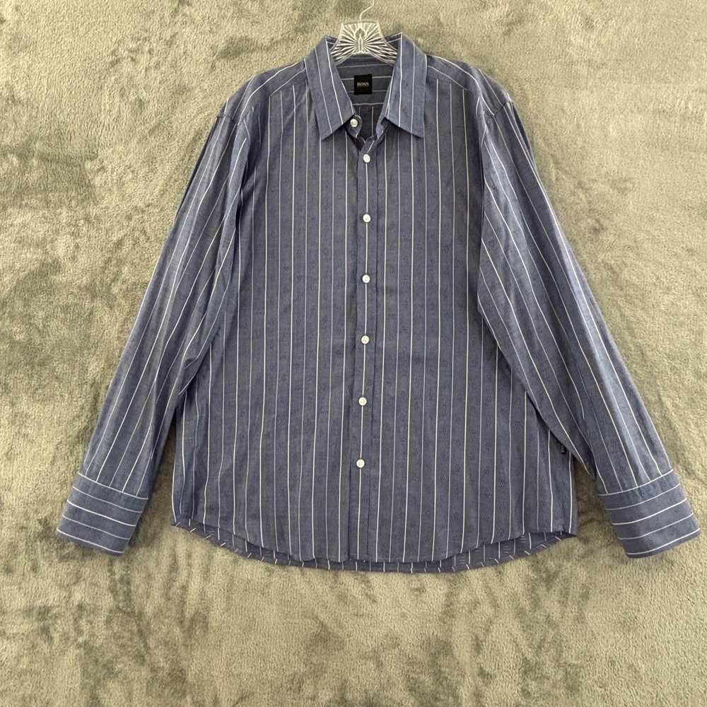 Hugo Boss‎ Lucas Shirt Mens XL Blue White Stripe Long Sleeve Button Up Cotton
